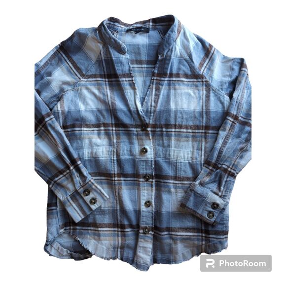 Blu Pepper Women's L Blue White Plaid Button-Up Long Sleeve Collarless Frayed - Picture 2 of 12